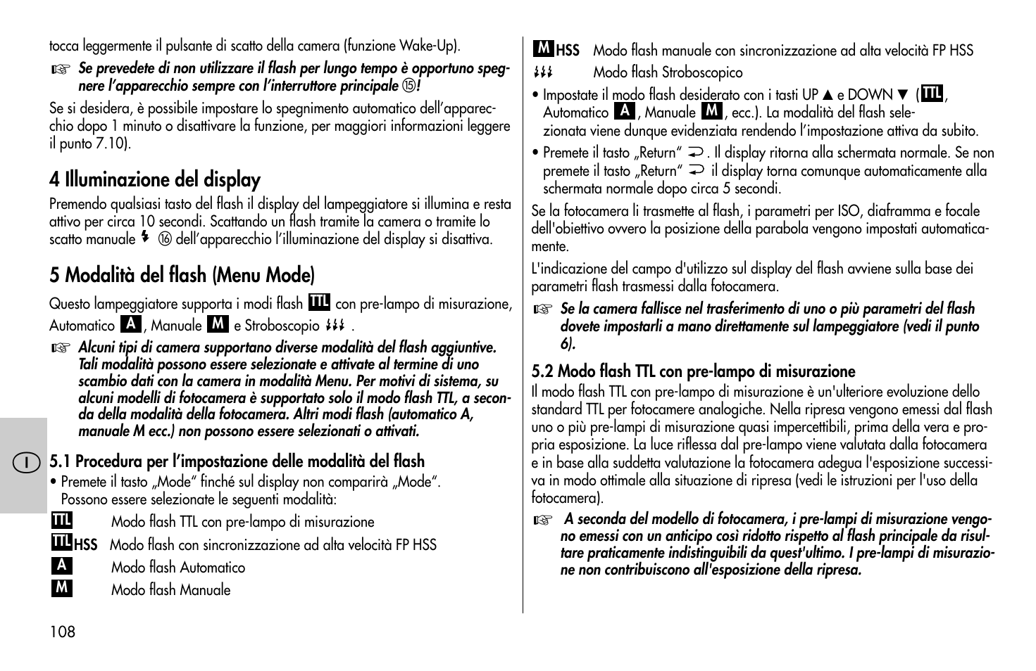 4 illuminazione del display, 5 modalità del flash (menu mode) | Metz MECABLITZ 58 AF-1 digital Olympus User Manual | Page 108 / 166