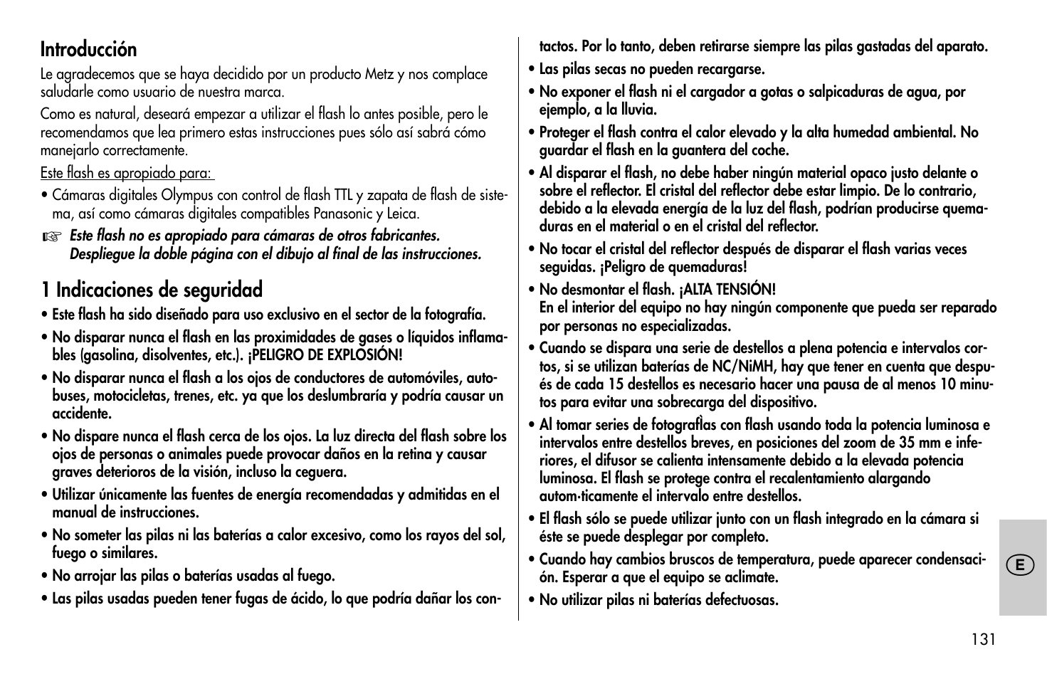 Introducción, 1 indicaciones de seguridad | Metz MECABLITZ 58 AF-1 digital Olympus User Manual | Page 131 / 166