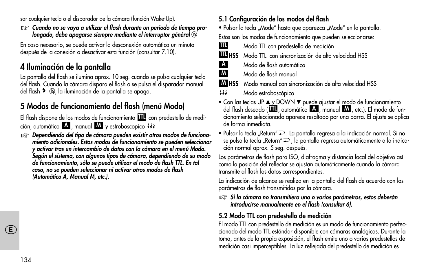 4 iluminación de la pantalla, 5 modos de funcionamiento del flash (menú modo) | Metz MECABLITZ 58 AF-1 digital Olympus User Manual | Page 134 / 166