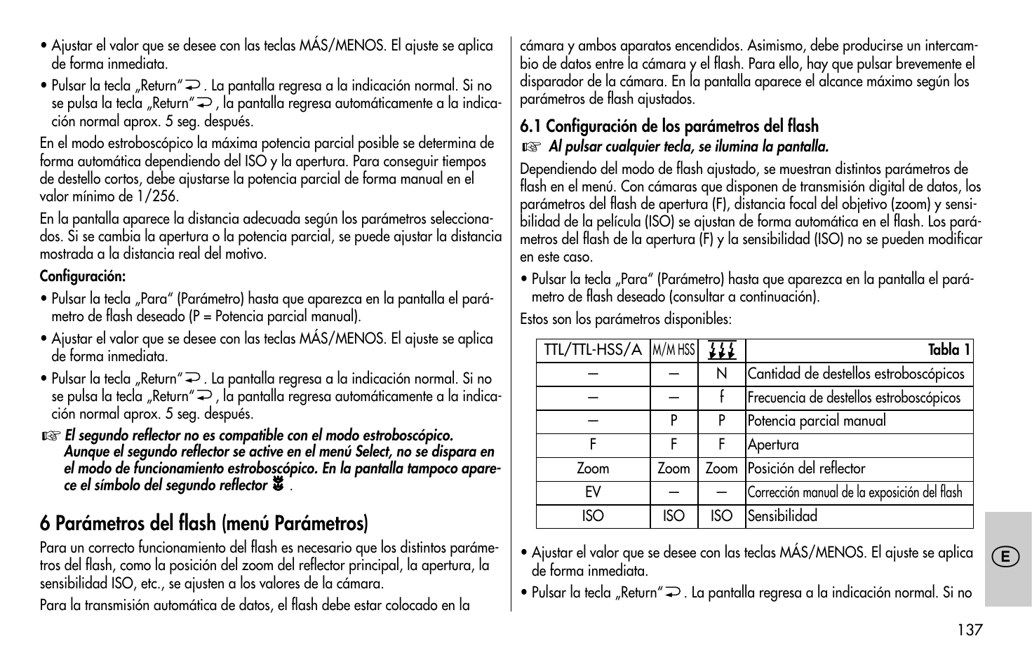 6 parámetros del flash (menú parámetros) | Metz MECABLITZ 58 AF-1 digital Olympus User Manual | Page 137 / 166