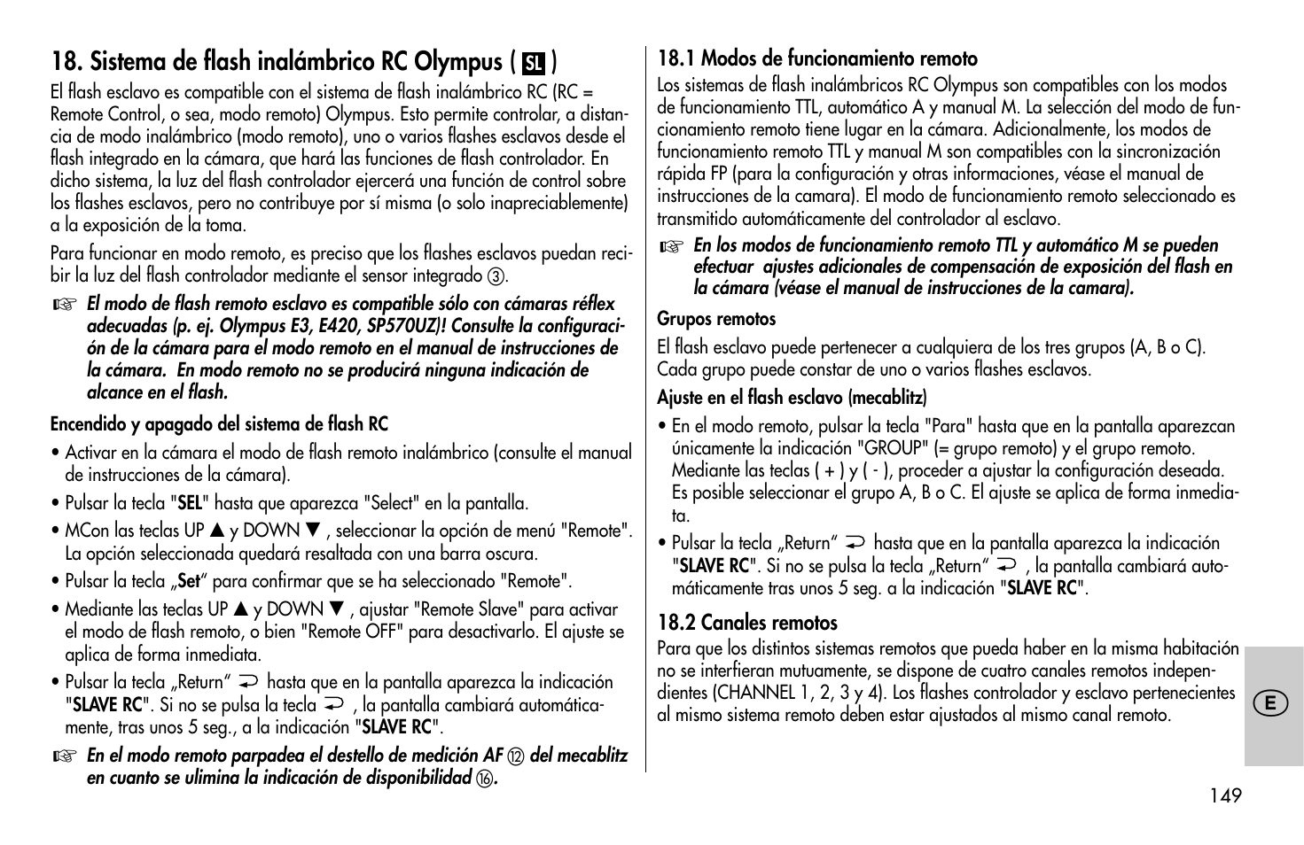 Sistema de flash inalámbrico rc olympus ( ) | Metz MECABLITZ 58 AF-1 digital Olympus User Manual | Page 149 / 166