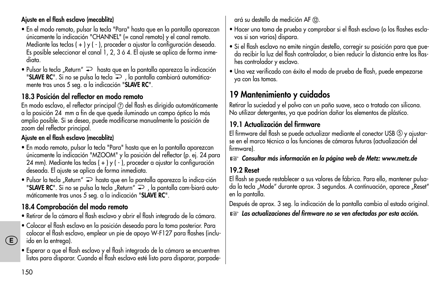 19 mantenimiento y cuidados | Metz MECABLITZ 58 AF-1 digital Olympus User Manual | Page 150 / 166