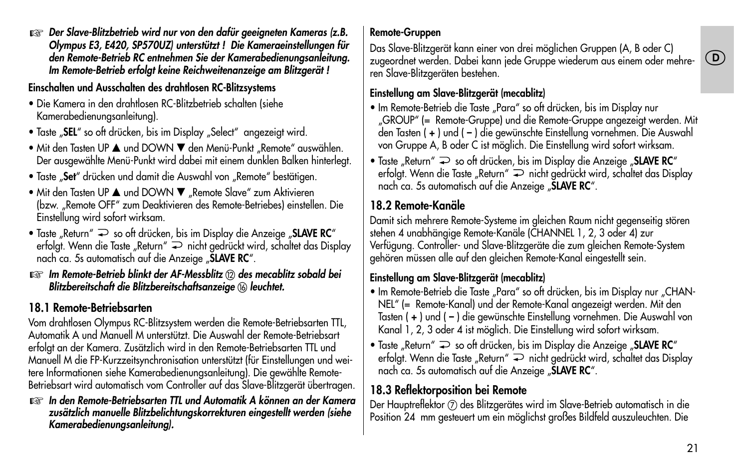 Metz MECABLITZ 58 AF-1 digital Olympus User Manual | Page 21 / 166