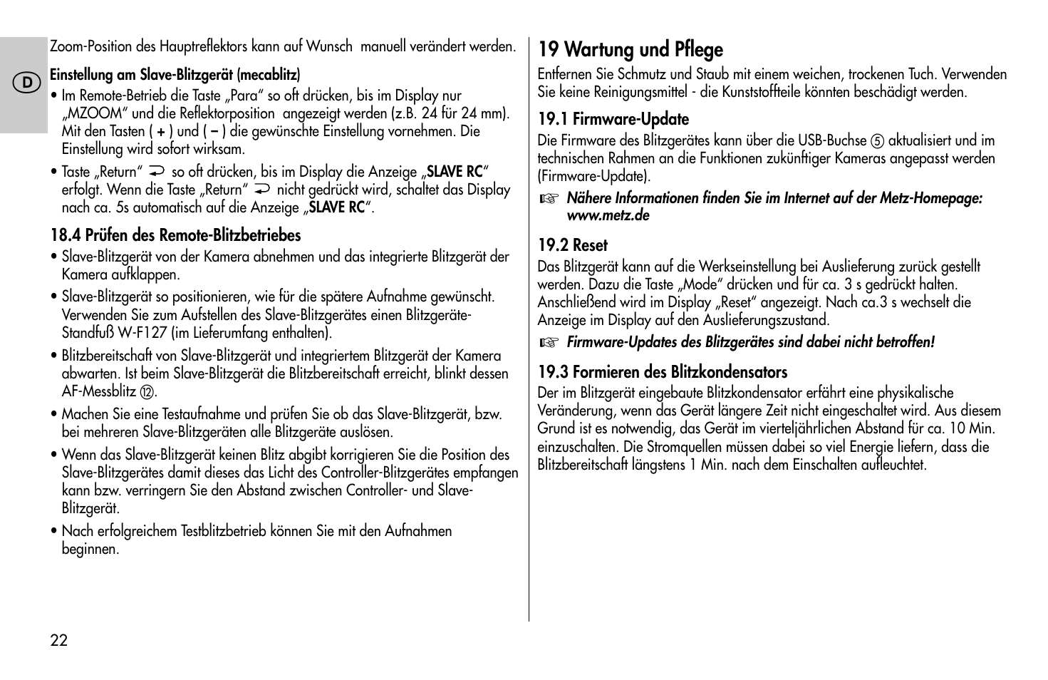 19 wartung und pflege | Metz MECABLITZ 58 AF-1 digital Olympus User Manual | Page 22 / 166