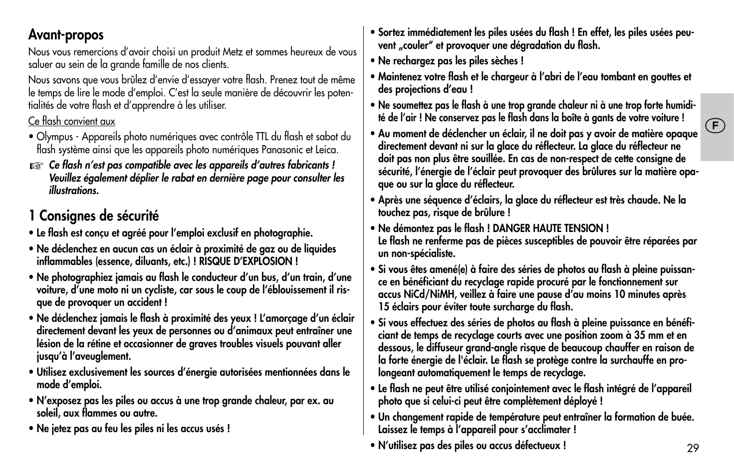 Avant-propos, 1 consignes de sécurité | Metz MECABLITZ 58 AF-1 digital Olympus User Manual | Page 29 / 166