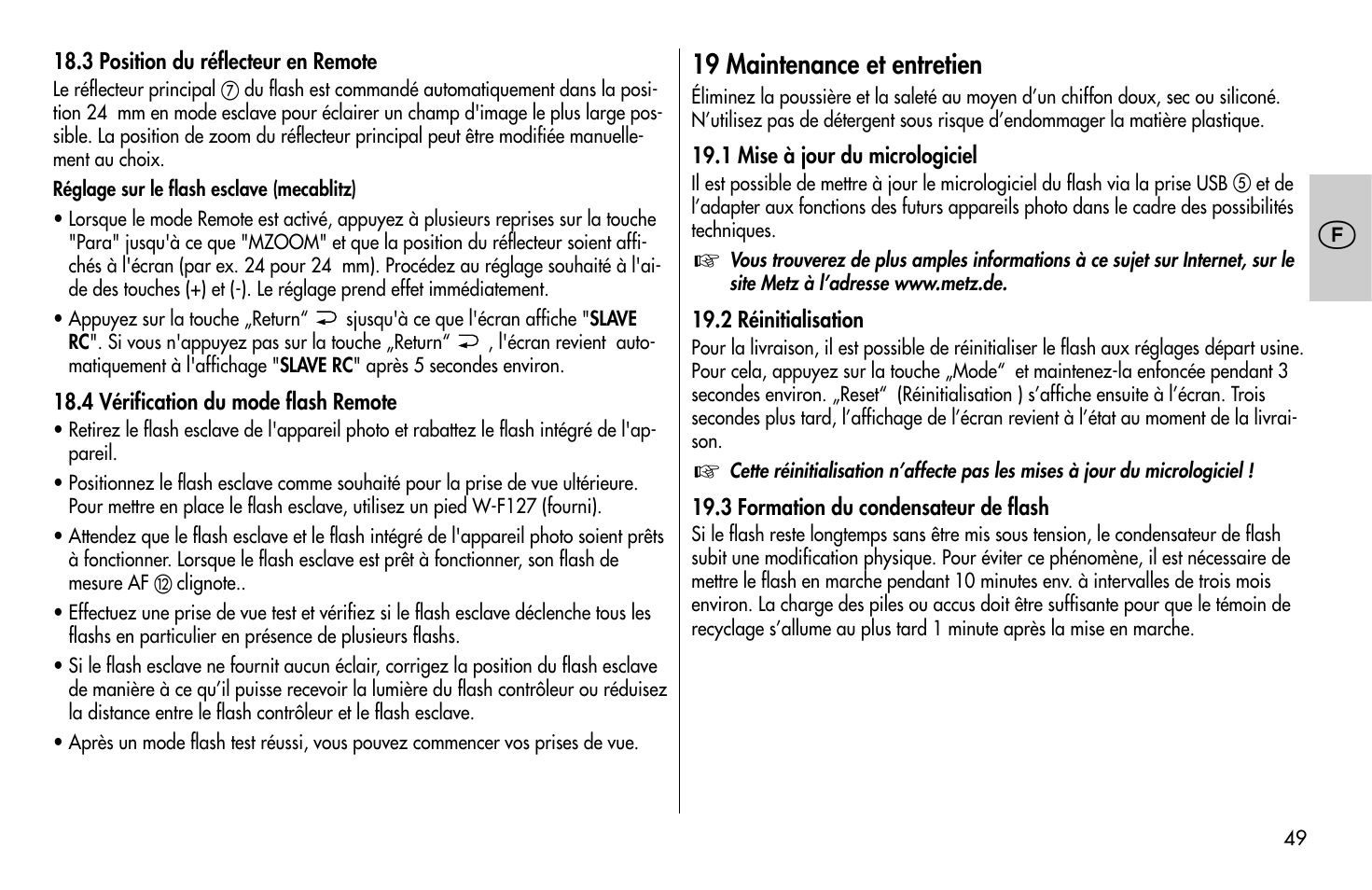 19 maintenance et entretien | Metz MECABLITZ 58 AF-1 digital Olympus User Manual | Page 49 / 166