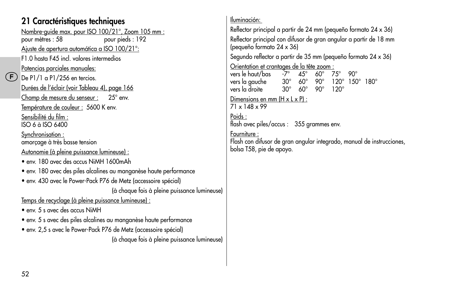 21 caractéristiques techniques | Metz MECABLITZ 58 AF-1 digital Olympus User Manual | Page 52 / 166