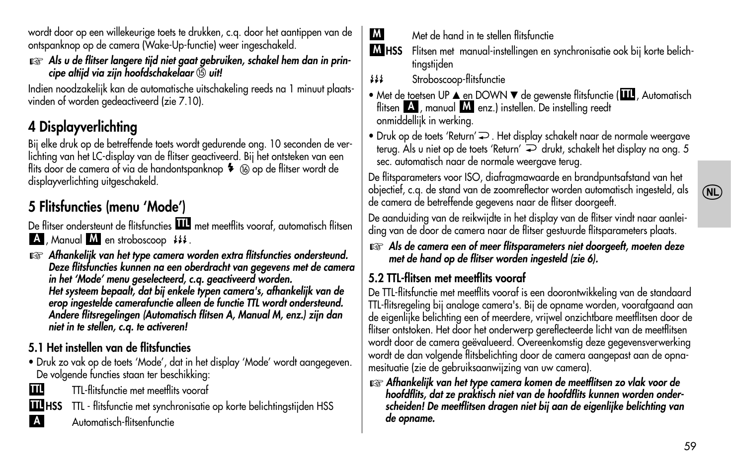 4 displayverlichting, 5 flitsfuncties (menu ‘mode’) | Metz MECABLITZ 58 AF-1 digital Olympus User Manual | Page 59 / 166