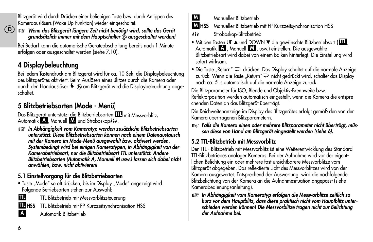 4 displaybeleuchtung, 5 blitzbetriebsarten (mode - menü) | Metz MECABLITZ 58 AF-1 digital Olympus User Manual | Page 6 / 166