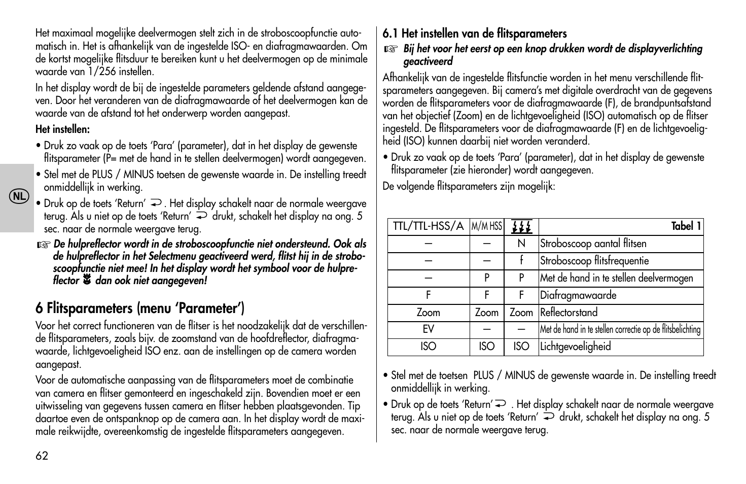 6 flitsparameters (menu ‘parameter’) | Metz MECABLITZ 58 AF-1 digital Olympus User Manual | Page 62 / 166