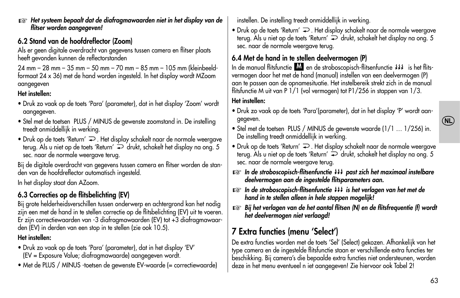 7 extra functies (menu ‘select’) | Metz MECABLITZ 58 AF-1 digital Olympus User Manual | Page 63 / 166
