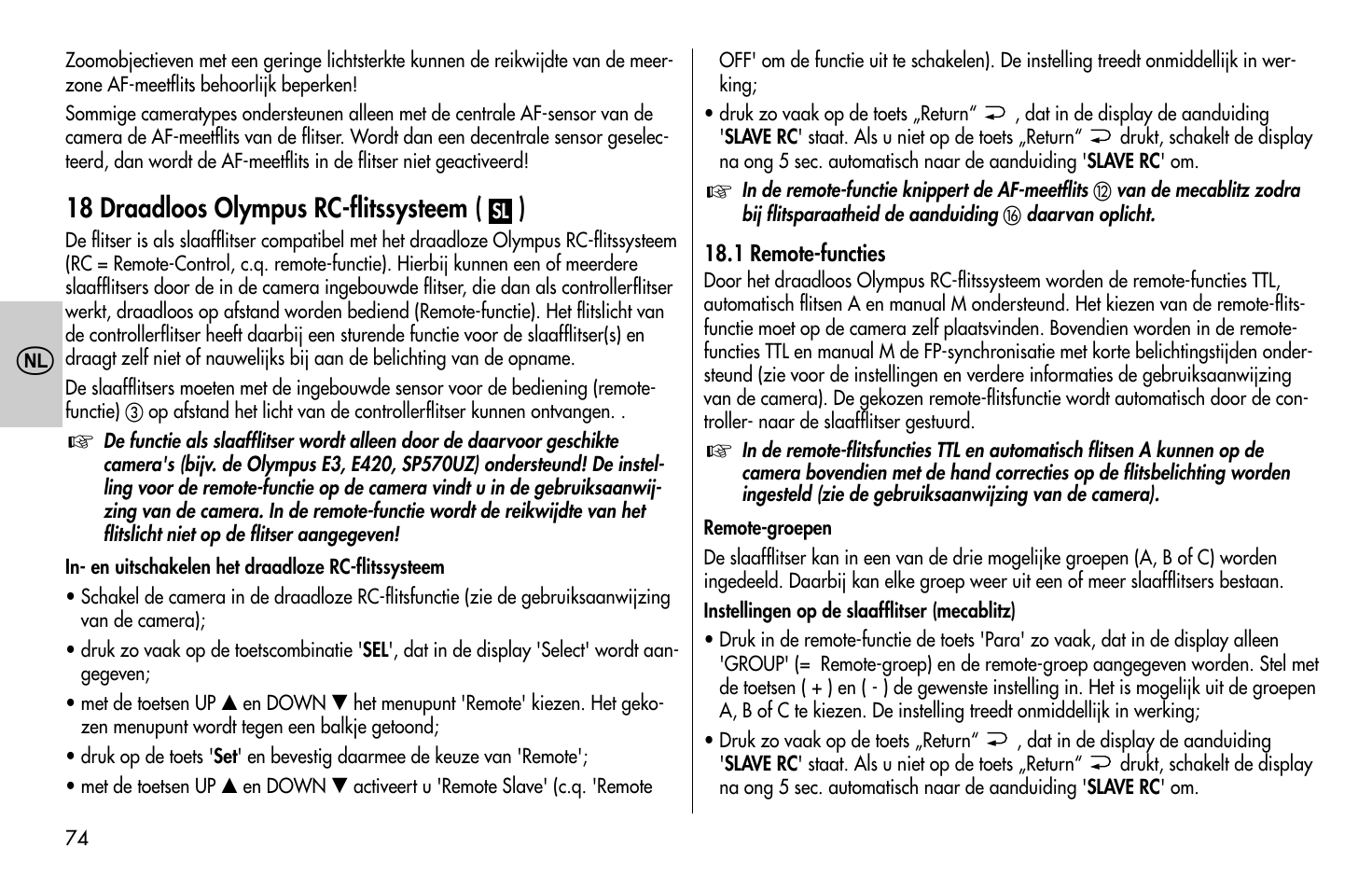 18 draadloos olympus rc-flitssysteem ( ) | Metz MECABLITZ 58 AF-1 digital Olympus User Manual | Page 74 / 166