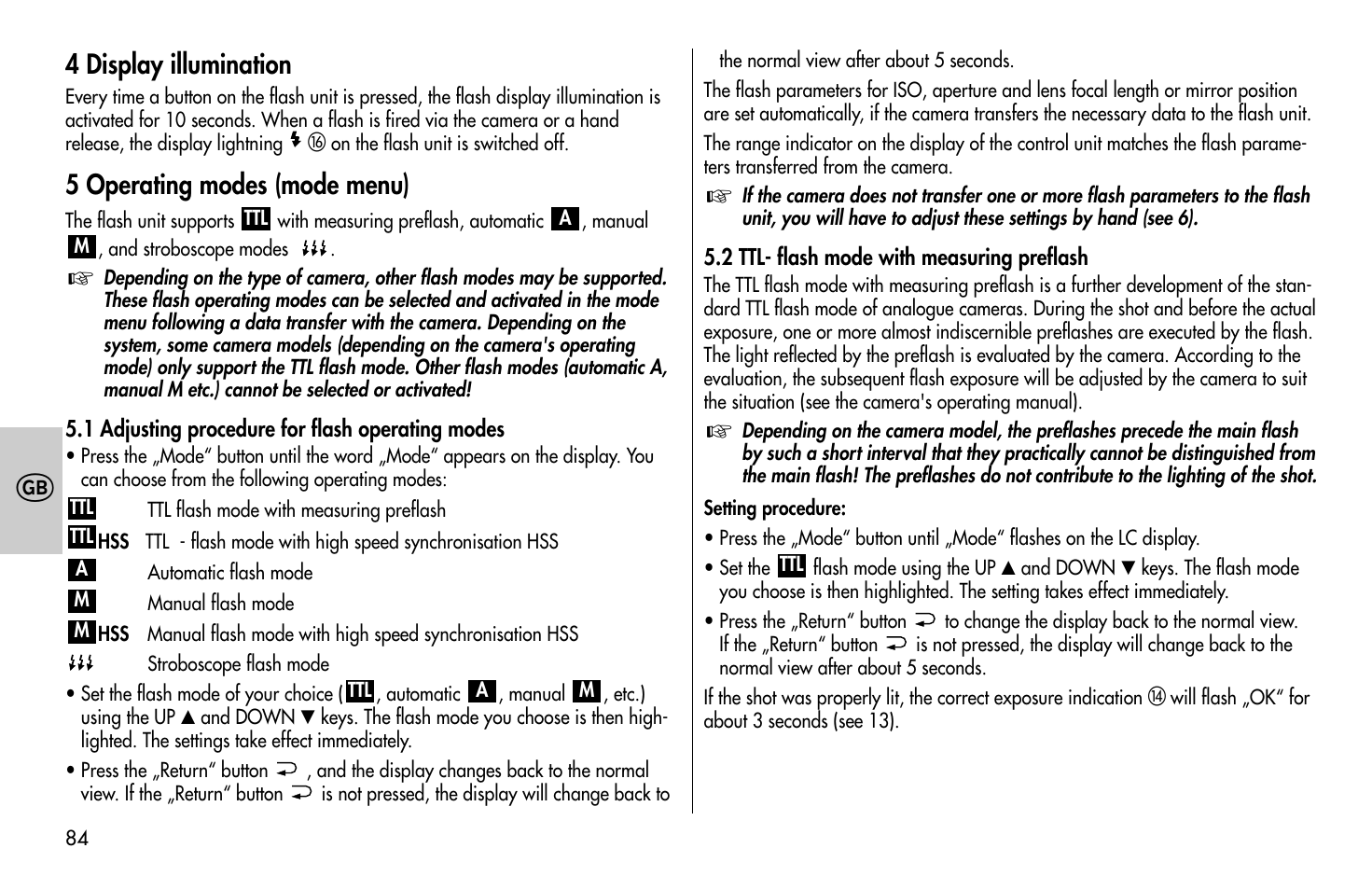 4 display illumination, 5 operating modes (mode menu) | Metz MECABLITZ 58 AF-1 digital Olympus User Manual | Page 84 / 166