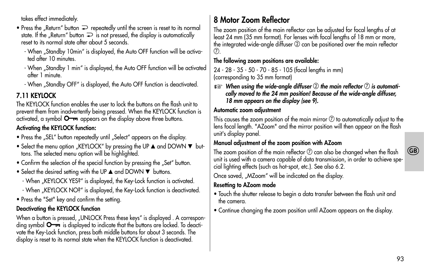 8 motor zoom reflector | Metz MECABLITZ 58 AF-1 digital Olympus User Manual | Page 93 / 166