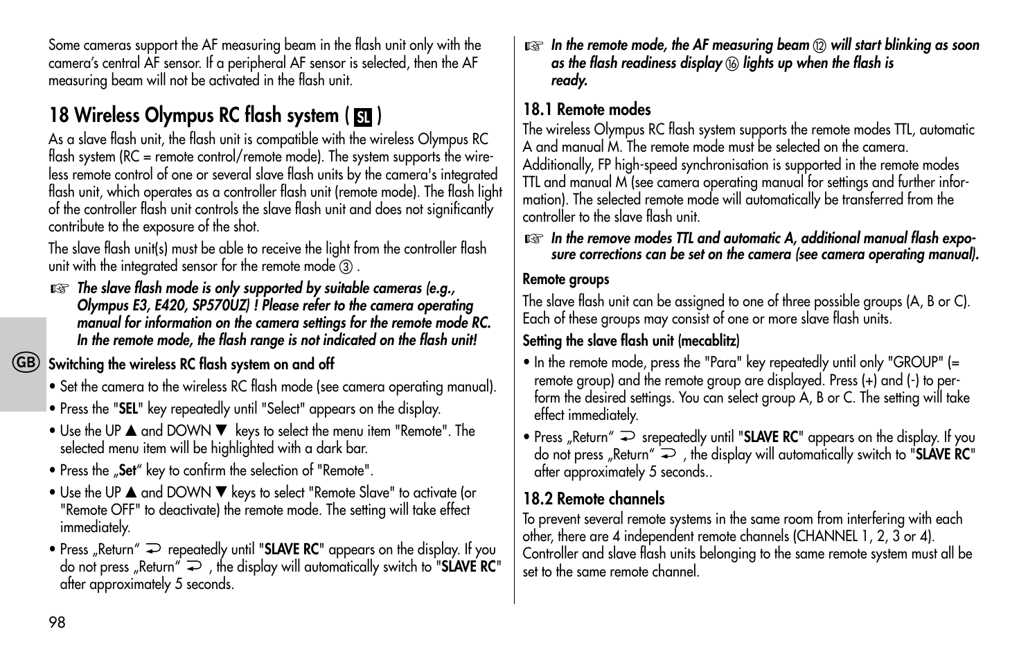18 wireless olympus rc flash system ( ) | Metz MECABLITZ 58 AF-1 digital Olympus User Manual | Page 98 / 166