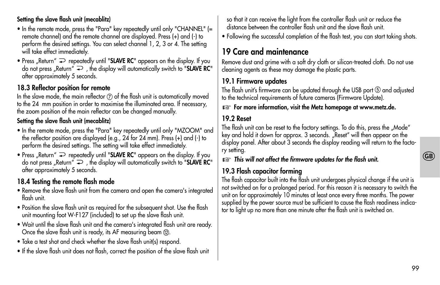 19 care and maintenance | Metz MECABLITZ 58 AF-1 digital Olympus User Manual | Page 99 / 166