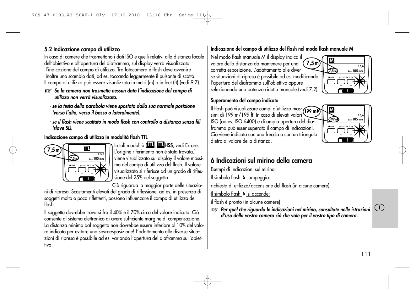 6 indicazioni sul mirino della camera | Metz MECABLITZ 50 AF-1 digital Olympus User Manual | Page 111 / 166