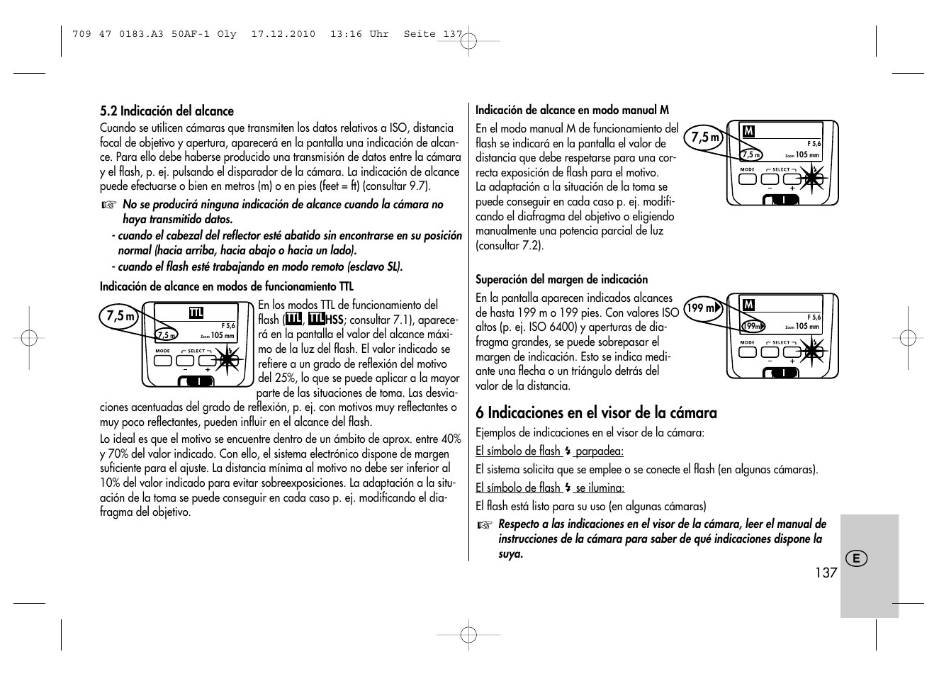 6 indicaciones en el visor de la cámara | Metz MECABLITZ 50 AF-1 digital Olympus User Manual | Page 137 / 166