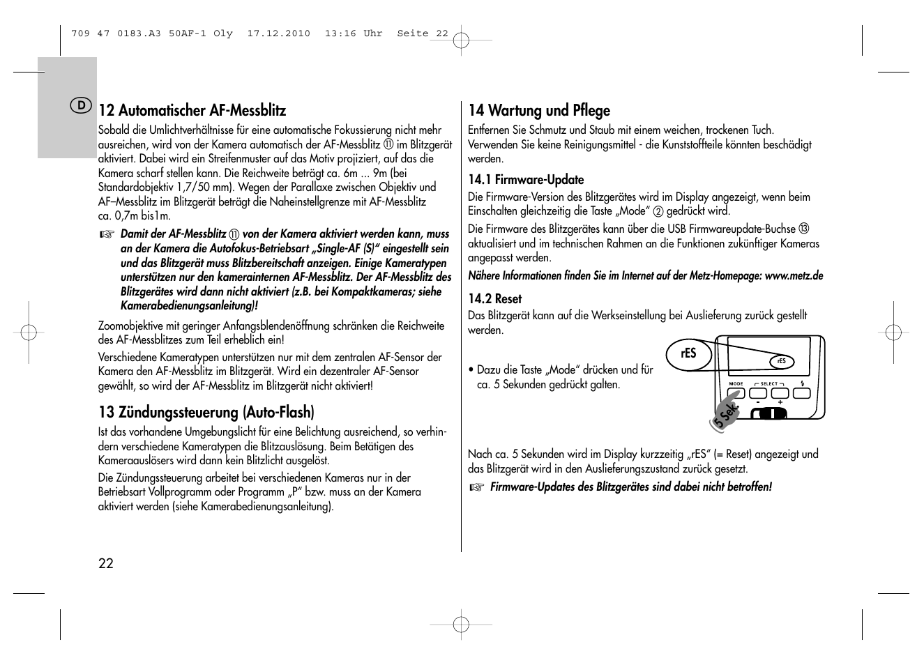 Metz MECABLITZ 50 AF-1 digital Olympus User Manual | Page 22 / 166