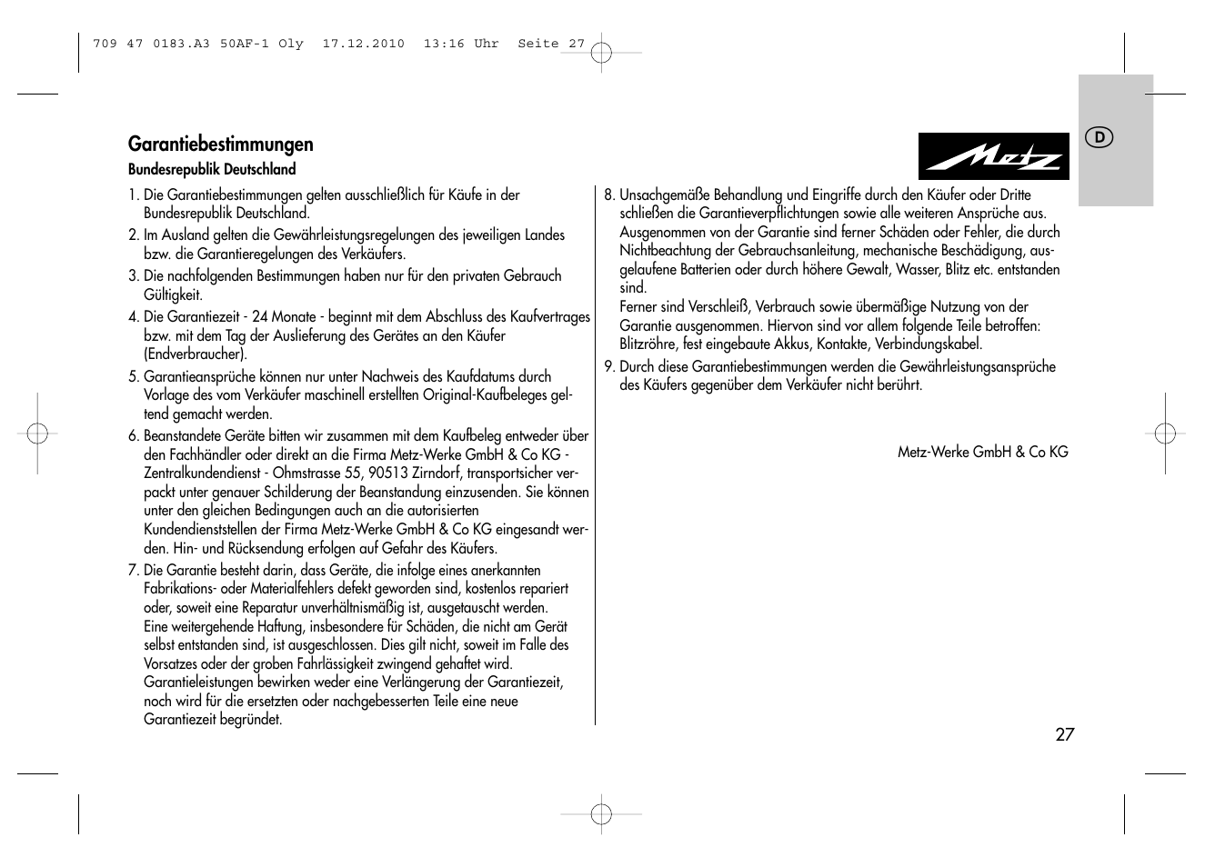 Metz MECABLITZ 50 AF-1 digital Olympus User Manual | Page 27 / 166