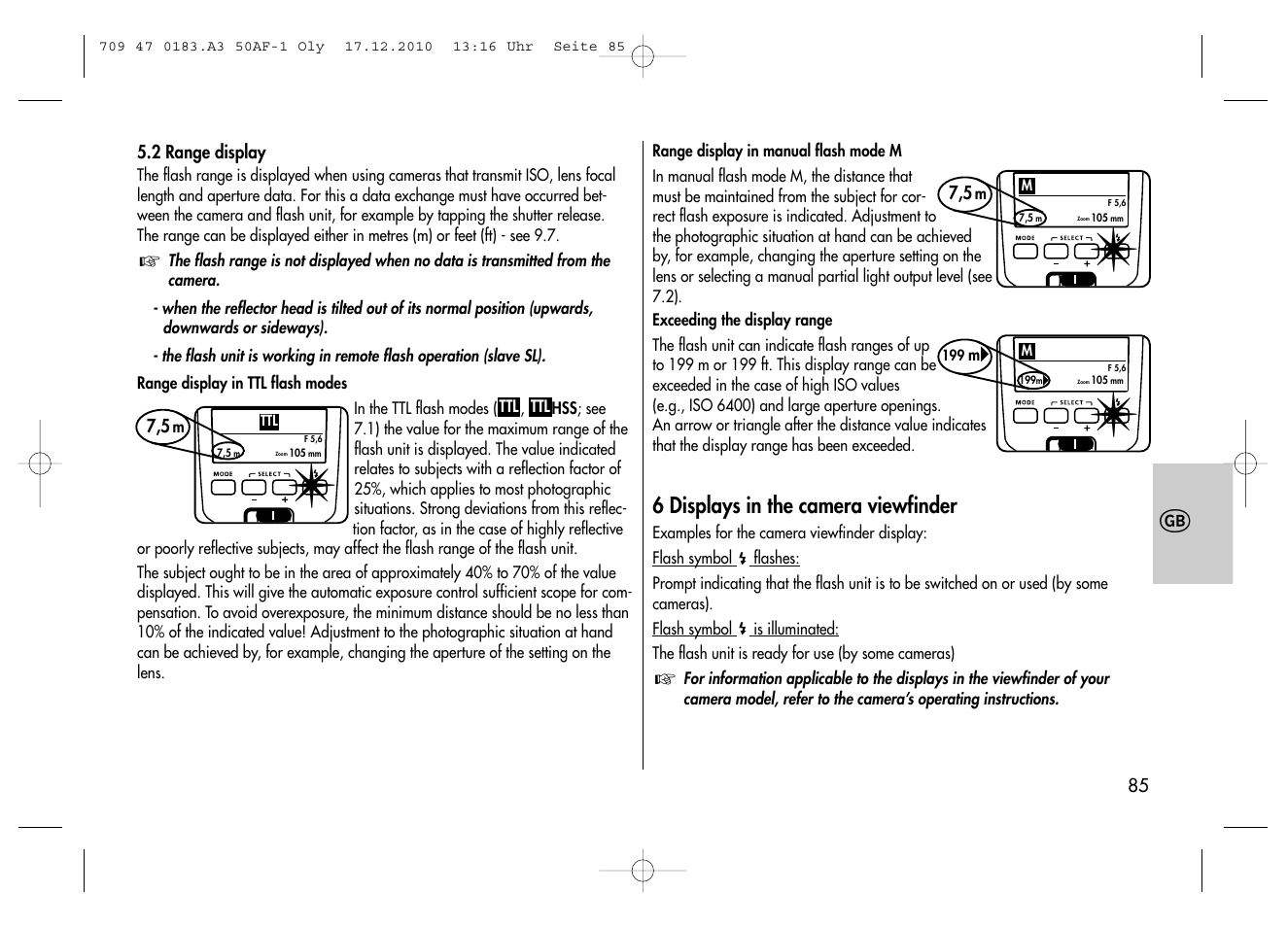 6 displays in the camera viewfinder | Metz MECABLITZ 50 AF-1 digital Olympus User Manual | Page 85 / 166