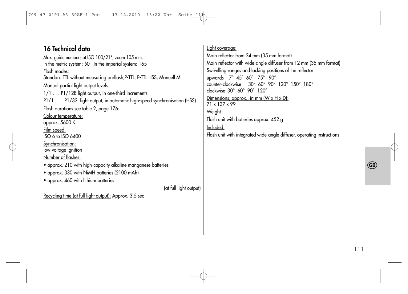 Metz MECABLITZ 50 AF-1 digital Pentax User Manual | Page 111 / 182