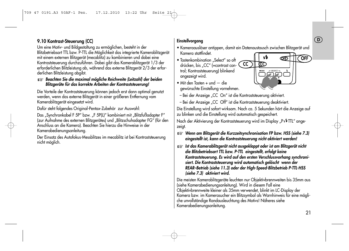 Metz MECABLITZ 50 AF-1 digital Pentax User Manual | Page 21 / 182