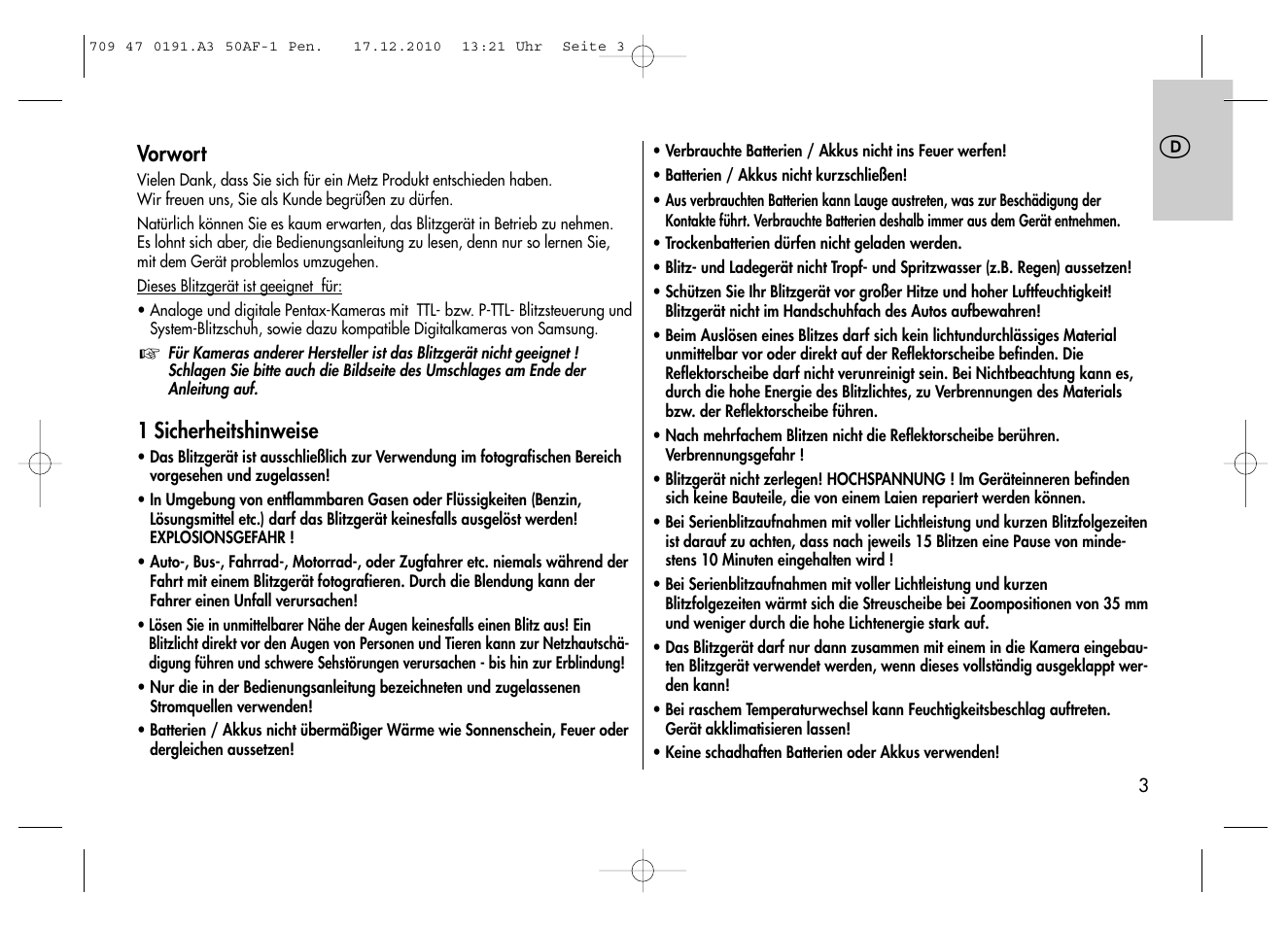 Metz MECABLITZ 50 AF-1 digital Pentax User Manual | Page 3 / 182