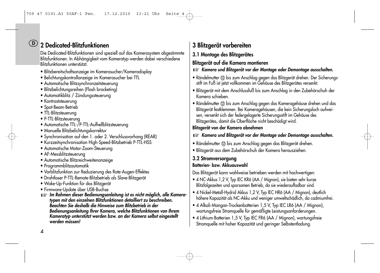 Metz MECABLITZ 50 AF-1 digital Pentax User Manual | Page 4 / 182