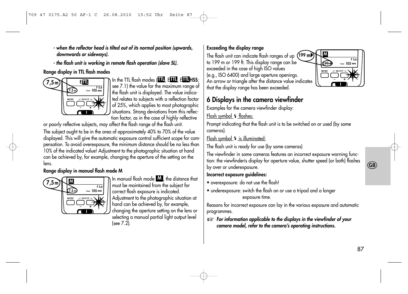 6 displays in the camera viewfinder | Metz MECABLITZ 50 AF-1 digital Canon User Manual | Page 87 / 174