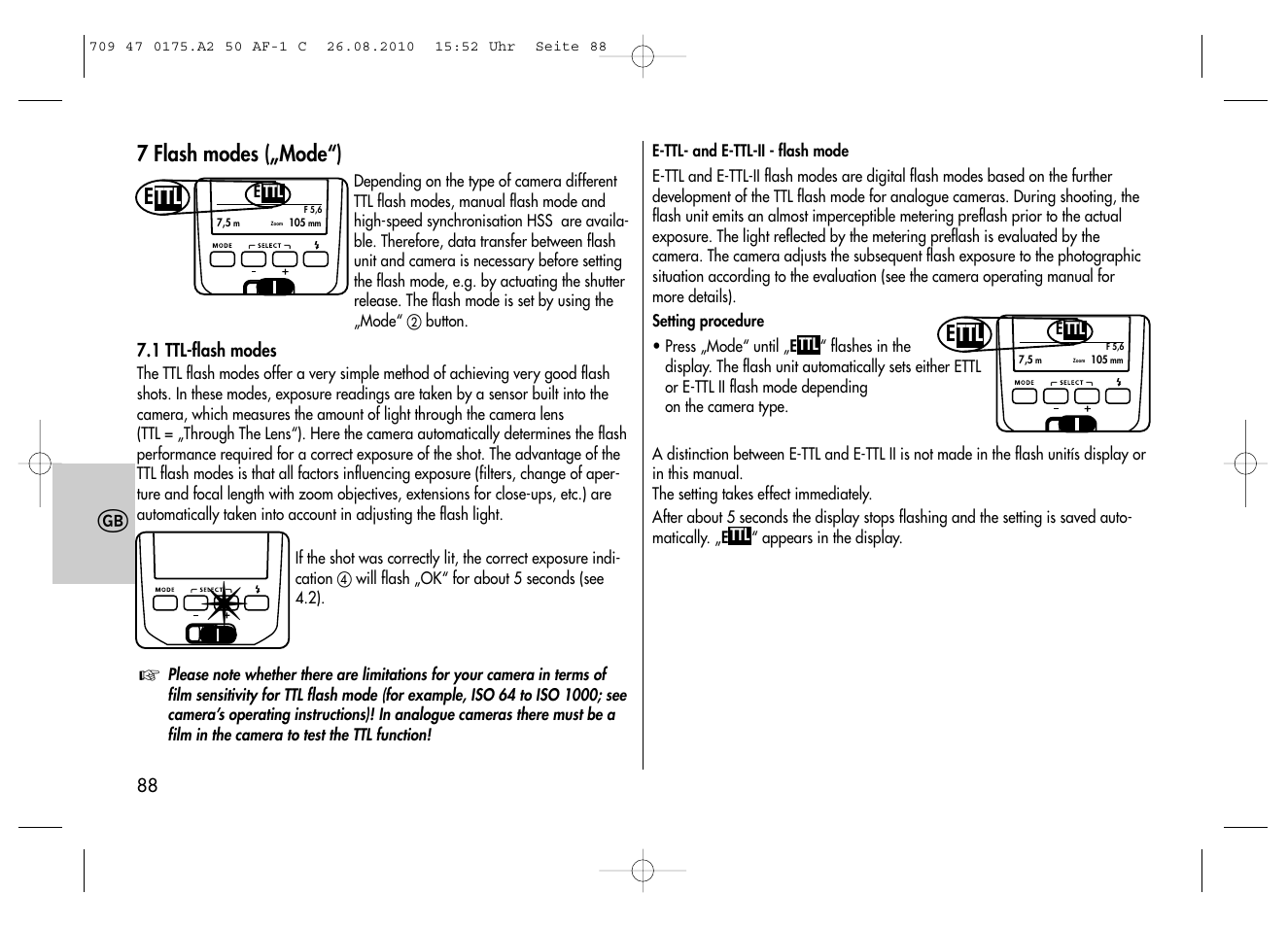 7 flash modes („mode“), Ttl e | Metz MECABLITZ 50 AF-1 digital Canon User Manual | Page 88 / 174