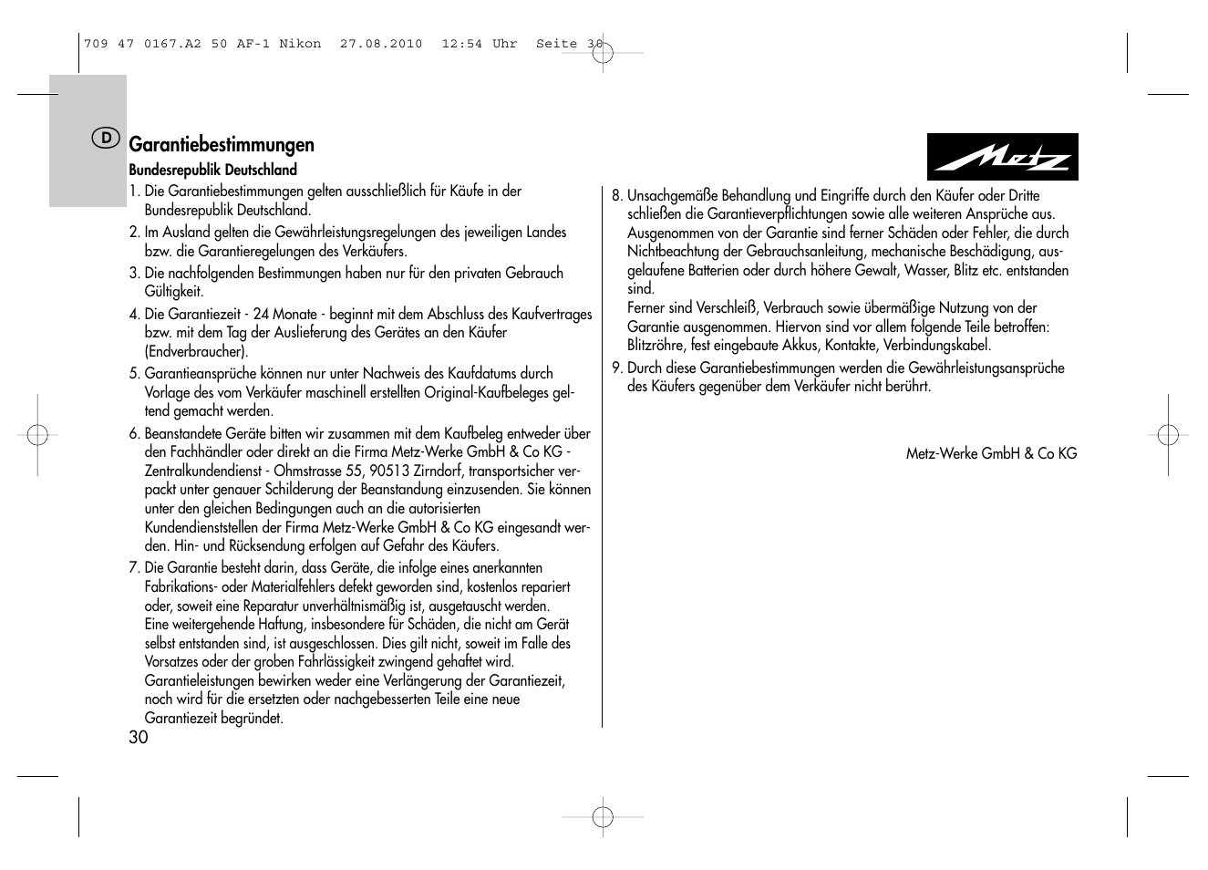 Metz MECABLITZ 50 AF-1 digital Nikon User Manual | Page 30 / 182