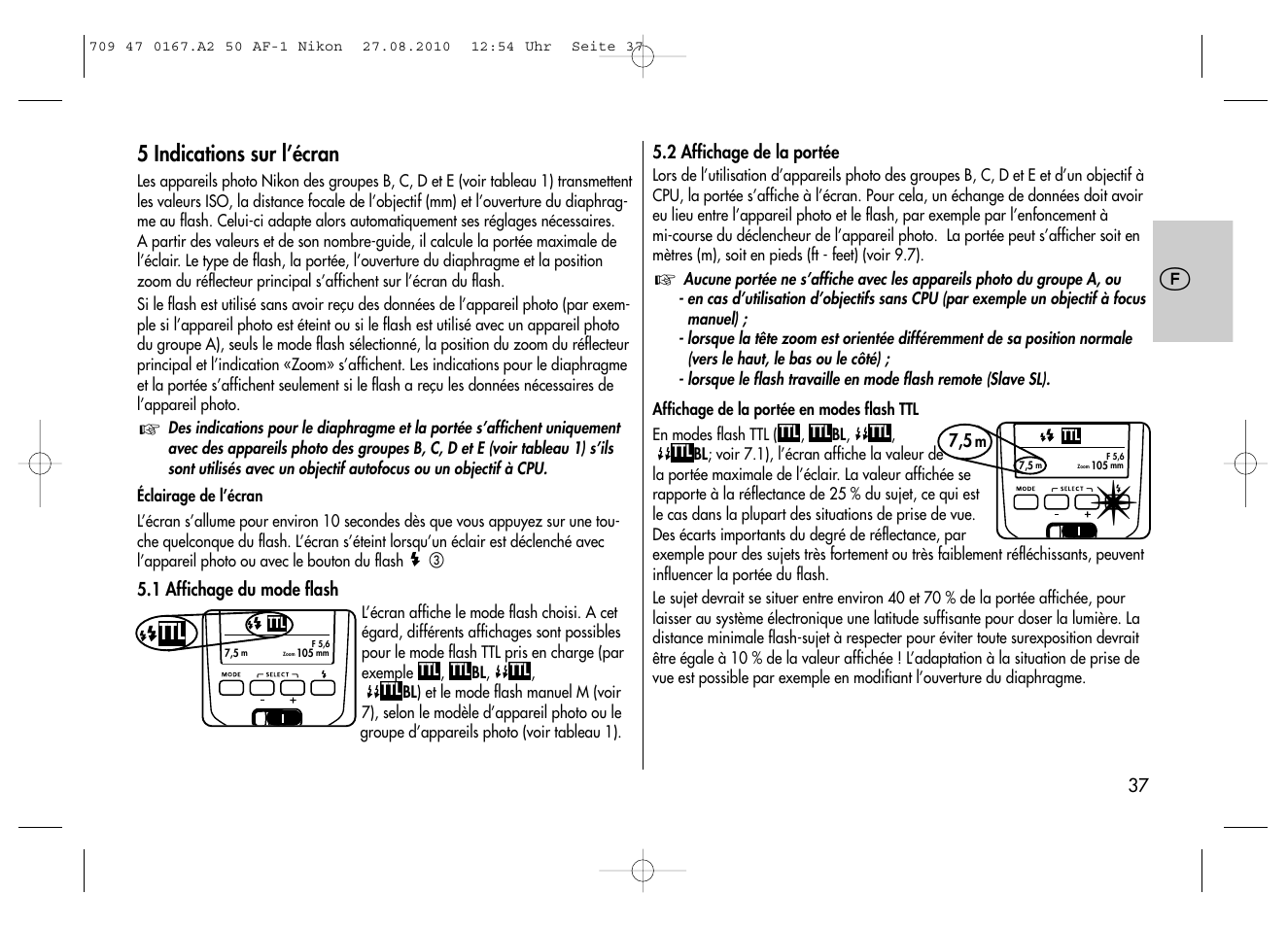 5 indications sur l’écran | Metz MECABLITZ 50 AF-1 digital Nikon User Manual | Page 37 / 182