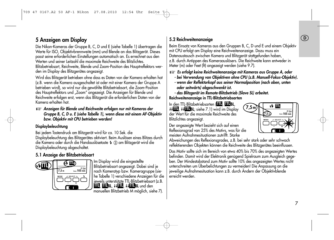 5 anzeigen am display | Metz MECABLITZ 50 AF-1 digital Nikon User Manual | Page 7 / 182