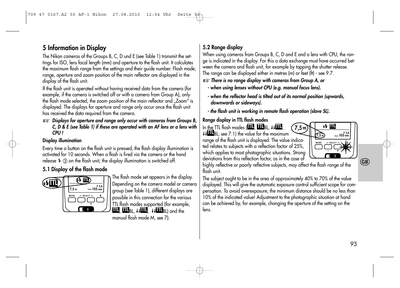 5 information in display | Metz MECABLITZ 50 AF-1 digital Nikon User Manual | Page 93 / 182
