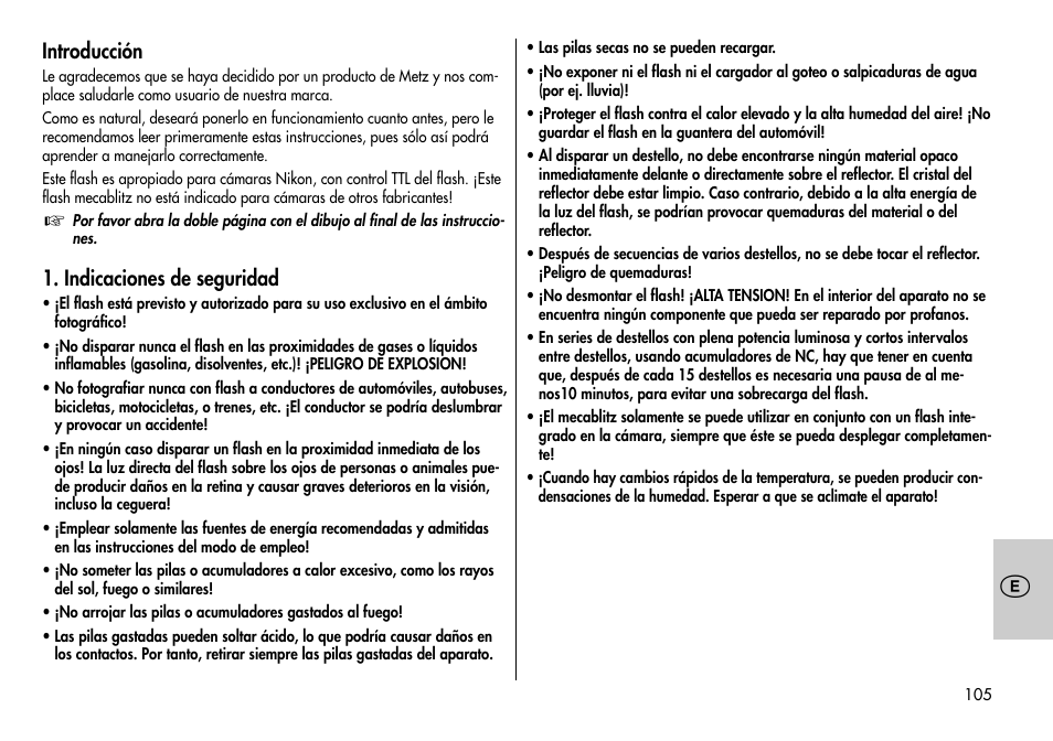 Introducción, Indicaciones de seguridad | Metz MECABLITZ 44 AF-3/4 Nikon User Manual | Page 105 / 132