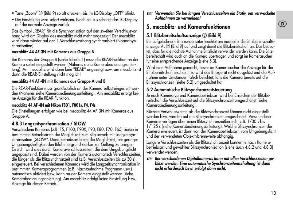 Mecablitz- und kamerafunktionen | Metz MECABLITZ 44 AF-3/4 Nikon User Manual | Page 13 / 132