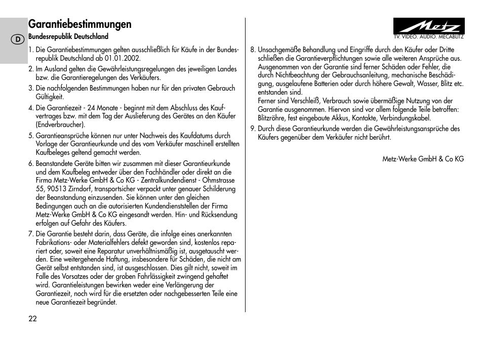 Garantiebestimmungen | Metz MECABLITZ 44 AF-3/4 Nikon User Manual | Page 22 / 132