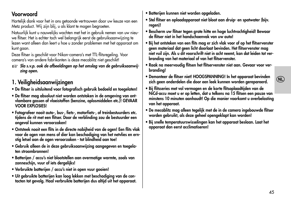 Voorwoord, Veiligheidsaanwijzingen | Metz MECABLITZ 44 AF-3/4 Nikon User Manual | Page 45 / 132