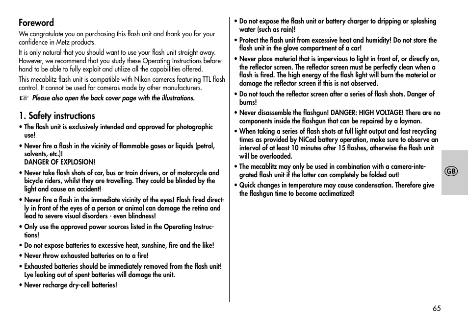 Foreword, Safety instructions | Metz MECABLITZ 44 AF-3/4 Nikon User Manual | Page 65 / 132