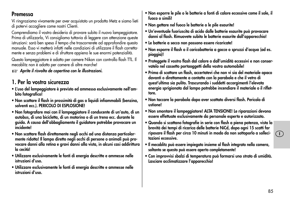 Premessa, Per la vostra sicurezza | Metz MECABLITZ 44 AF-3/4 Nikon User Manual | Page 85 / 132