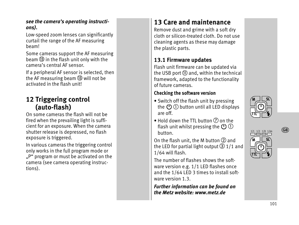 12 triggering control (auto-flash), 13 care and maintenance | Metz MECABLITZ 44 AF-1 digital User Manual | Page 101 / 166