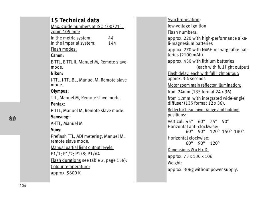 15 technical data | Metz MECABLITZ 44 AF-1 digital User Manual | Page 104 / 166