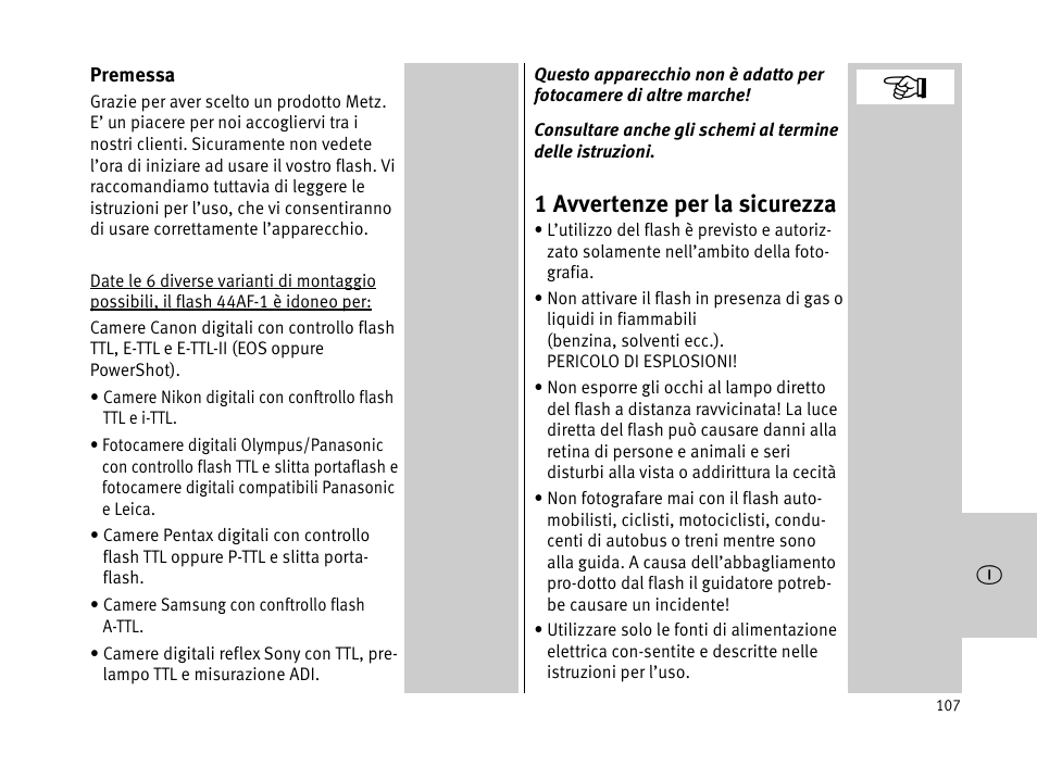 1 avvertenze per la sicurezza | Metz MECABLITZ 44 AF-1 digital User Manual | Page 107 / 166