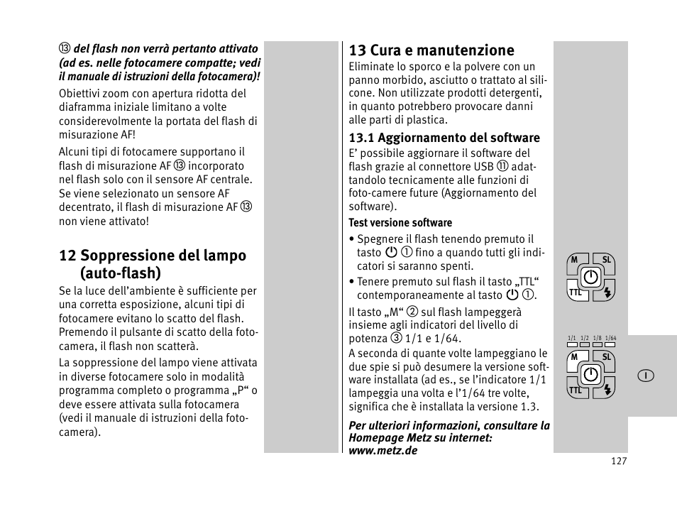 12 soppressione del lampo (auto-flash), 13 cura e manutenzione | Metz MECABLITZ 44 AF-1 digital User Manual | Page 127 / 166