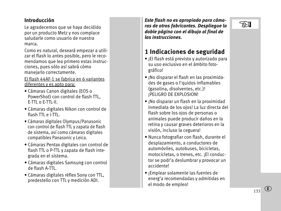 1 indicaciones de seguridad | Metz MECABLITZ 44 AF-1 digital User Manual | Page 133 / 166
