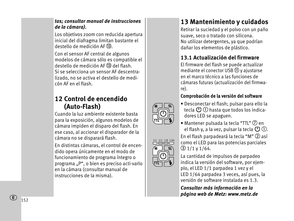 12 control de encendido (auto-flash), 13 mantenimiento y cuidados | Metz MECABLITZ 44 AF-1 digital User Manual | Page 152 / 166