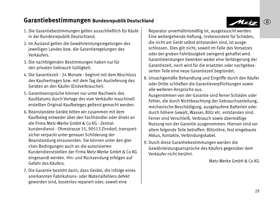 Garantiebestimmungen | Metz MECABLITZ 44 AF-1 digital User Manual | Page 29 / 166