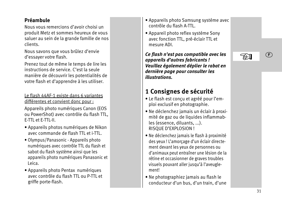 1 consignes de sécurité | Metz MECABLITZ 44 AF-1 digital User Manual | Page 31 / 166