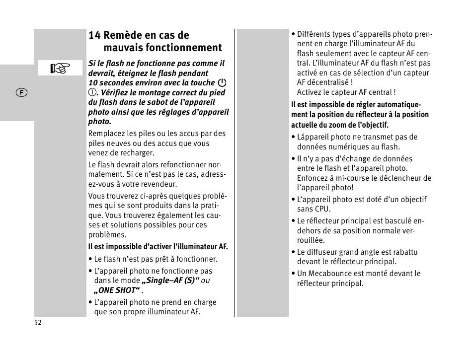 14 remède en cas de mauvais fonctionnement | Metz MECABLITZ 44 AF-1 digital User Manual | Page 52 / 166